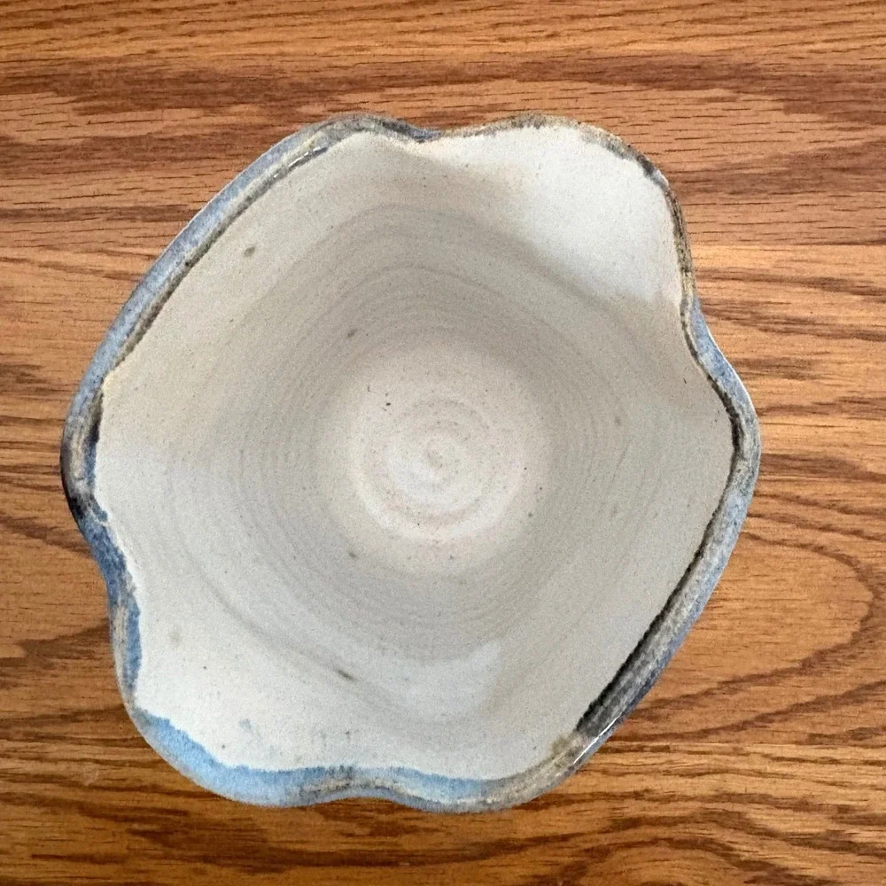 Studio Pottery Hand Thrown Floral Vase Blue Iris Stoneware Wavy Rim Cream